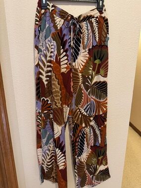 Halogen Wide-Leg Pants in Brown, Green, Rust, Cream Leaf Print